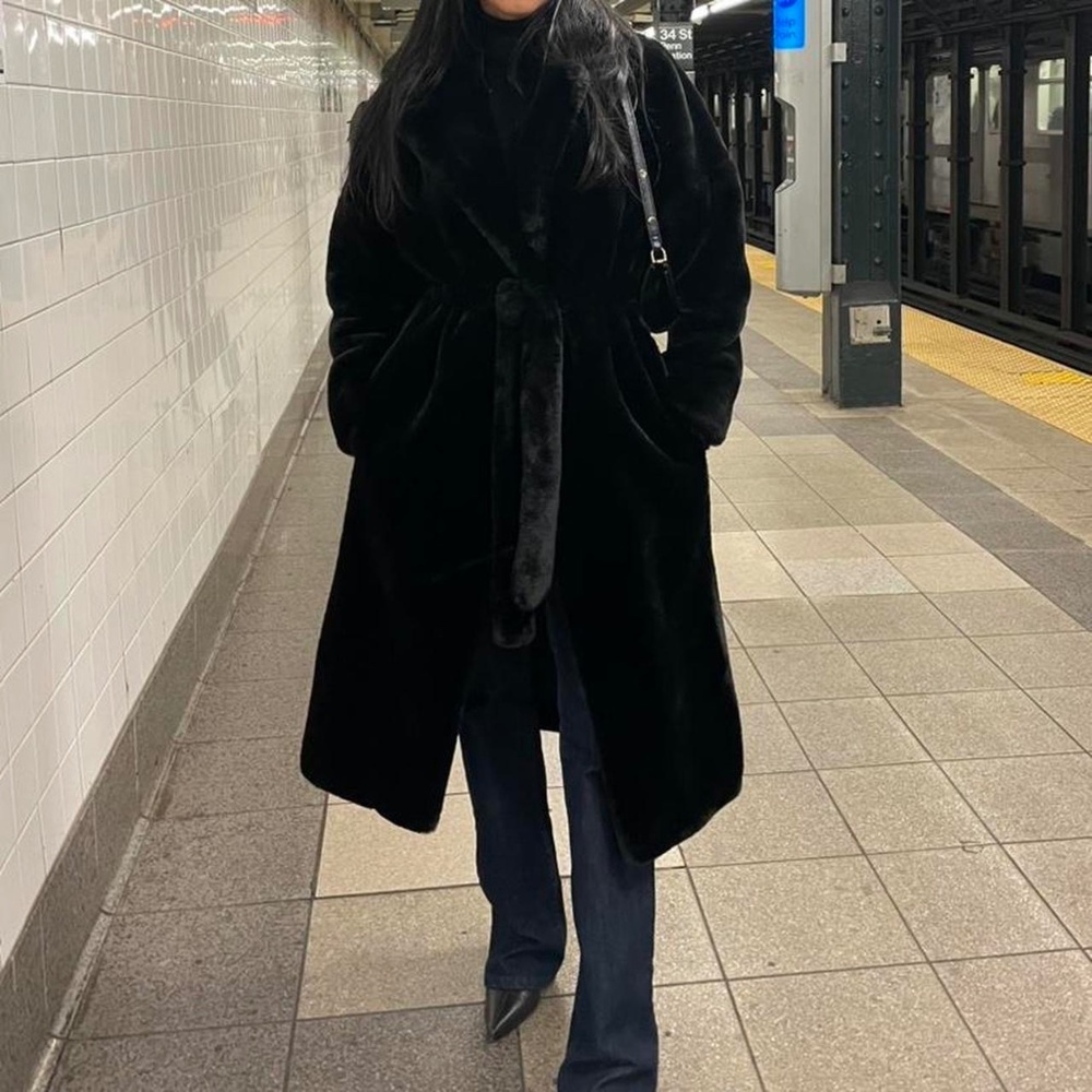 Zara Long Faux Fur Coat Black